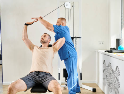 Im Vordergrund führt ein Mann eine körperliche Übung aus, während im Hintergrund ein anderer Mann zu sehen ist.